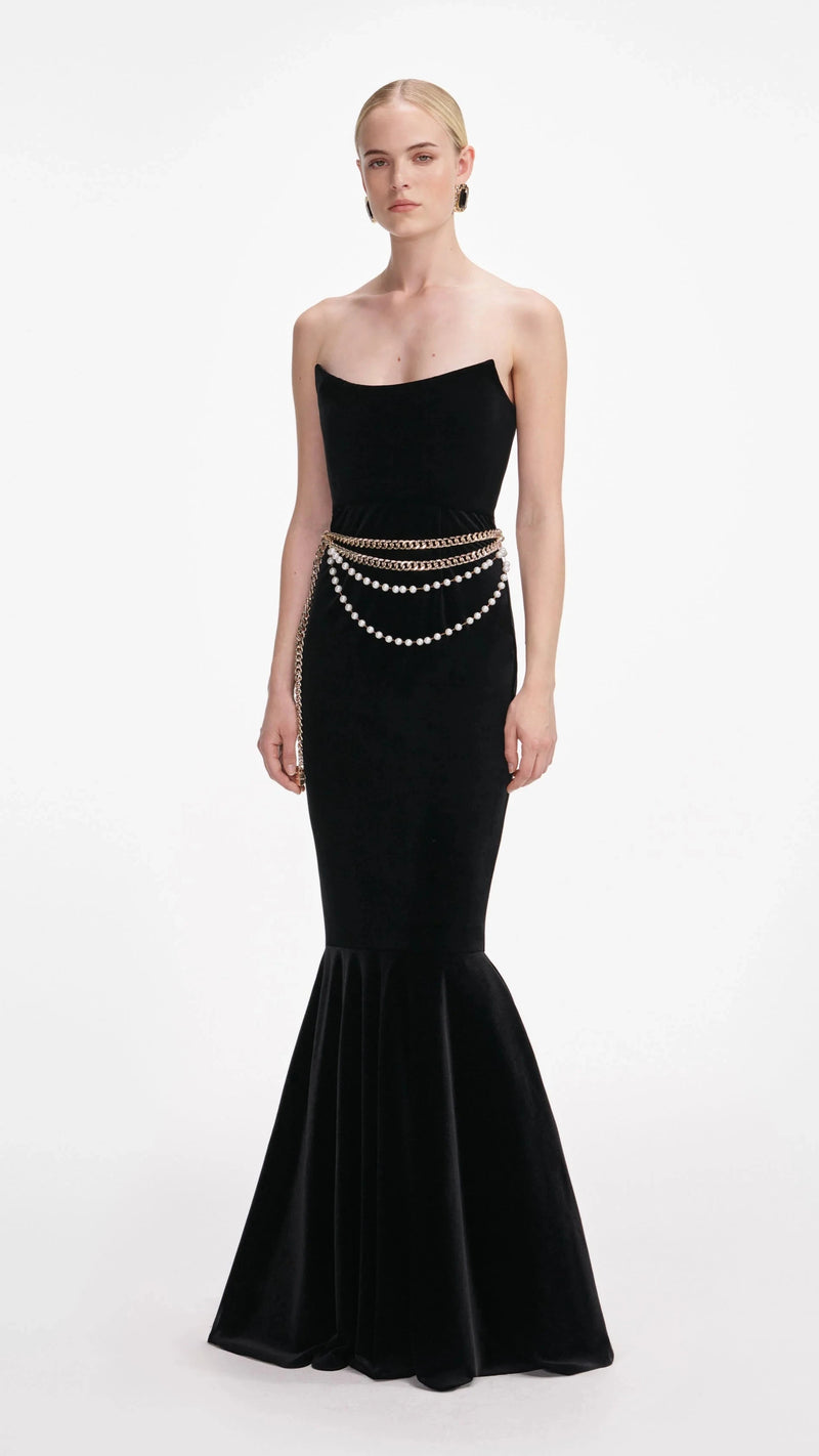 Self Portrait Strapless Velvet Gown with Chain Belt in Black