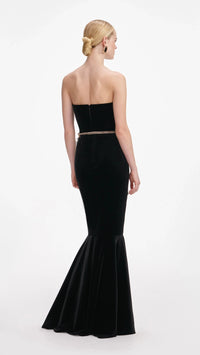 Self Portrait Strapless Velvet Gown with Chain Belt in Black