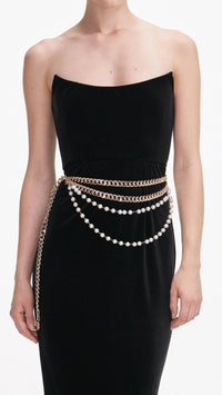 Self Portrait Strapless Velvet Gown with Chain Belt in Black