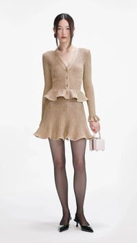 Self Portrait Lurex Peplum Knit Mini Dress in Gold