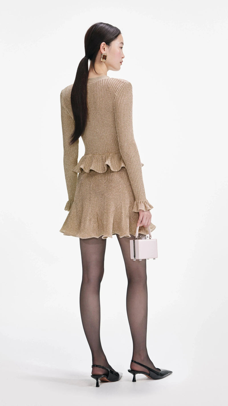 Self Portrait Lurex Peplum Knit Mini Dress in Gold