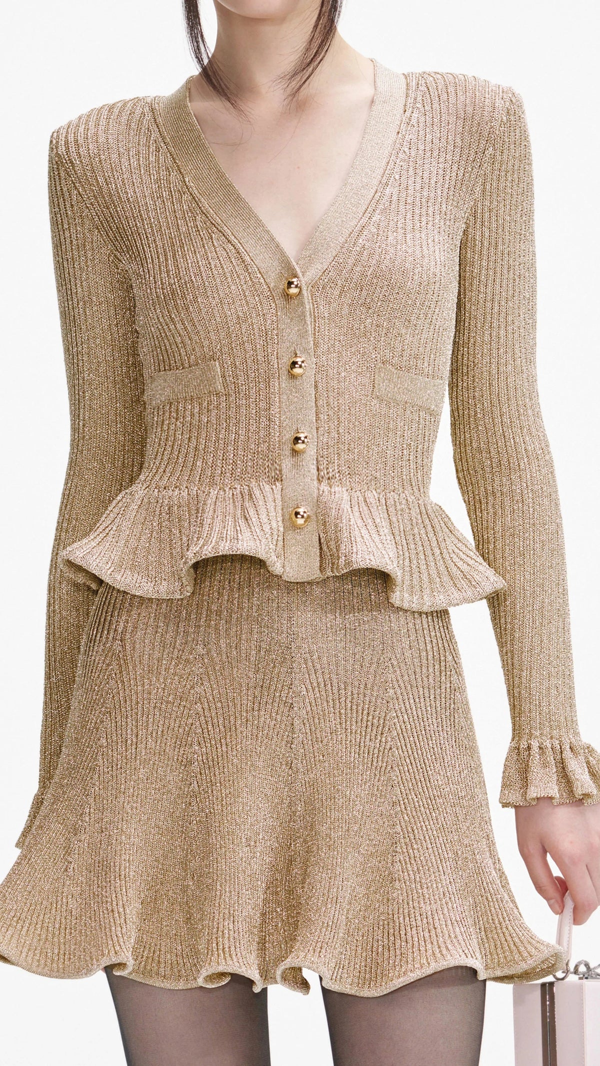 Self Portrait Lurex Peplum Knit Mini Dress in Gold