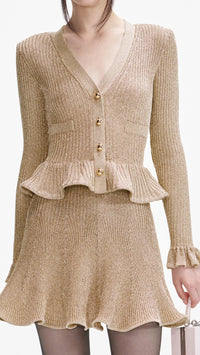 Self Portrait Lurex Peplum Knit Mini Dress in Gold