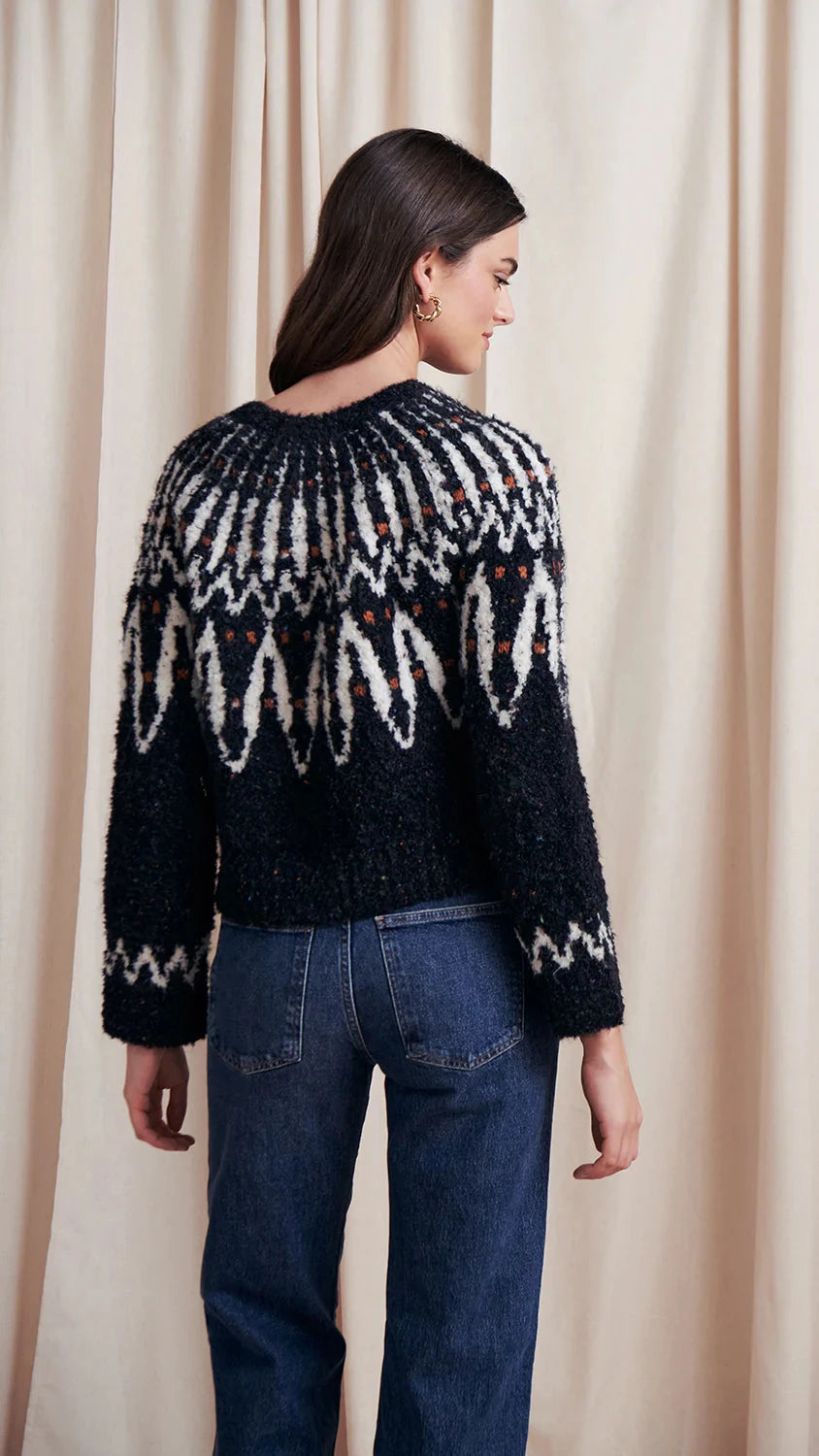 Saylor Areti Long Yoke Boucle Fairisle Cardigan in Black Multi