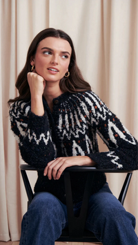 Saylor Areti Long Yoke Boucle Fairisle Cardigan in Black Multi