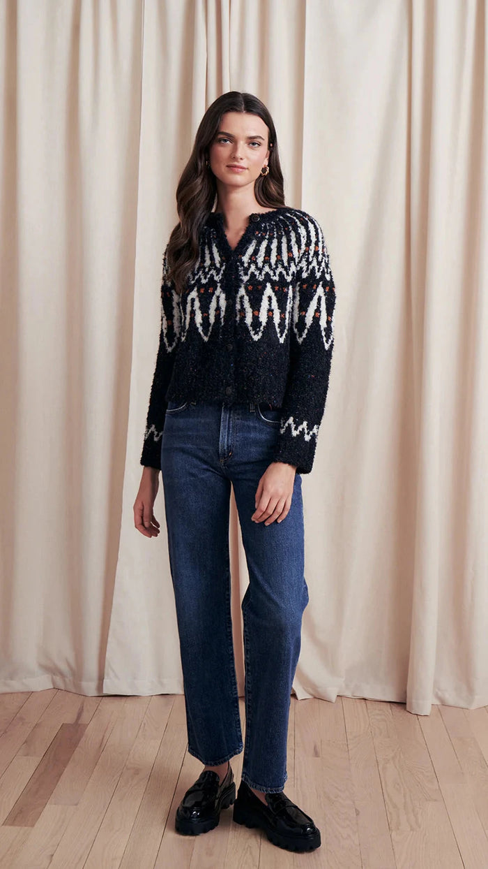 Saylor Areti Long Yoke Boucle Fairisle Cardigan in Black Multi