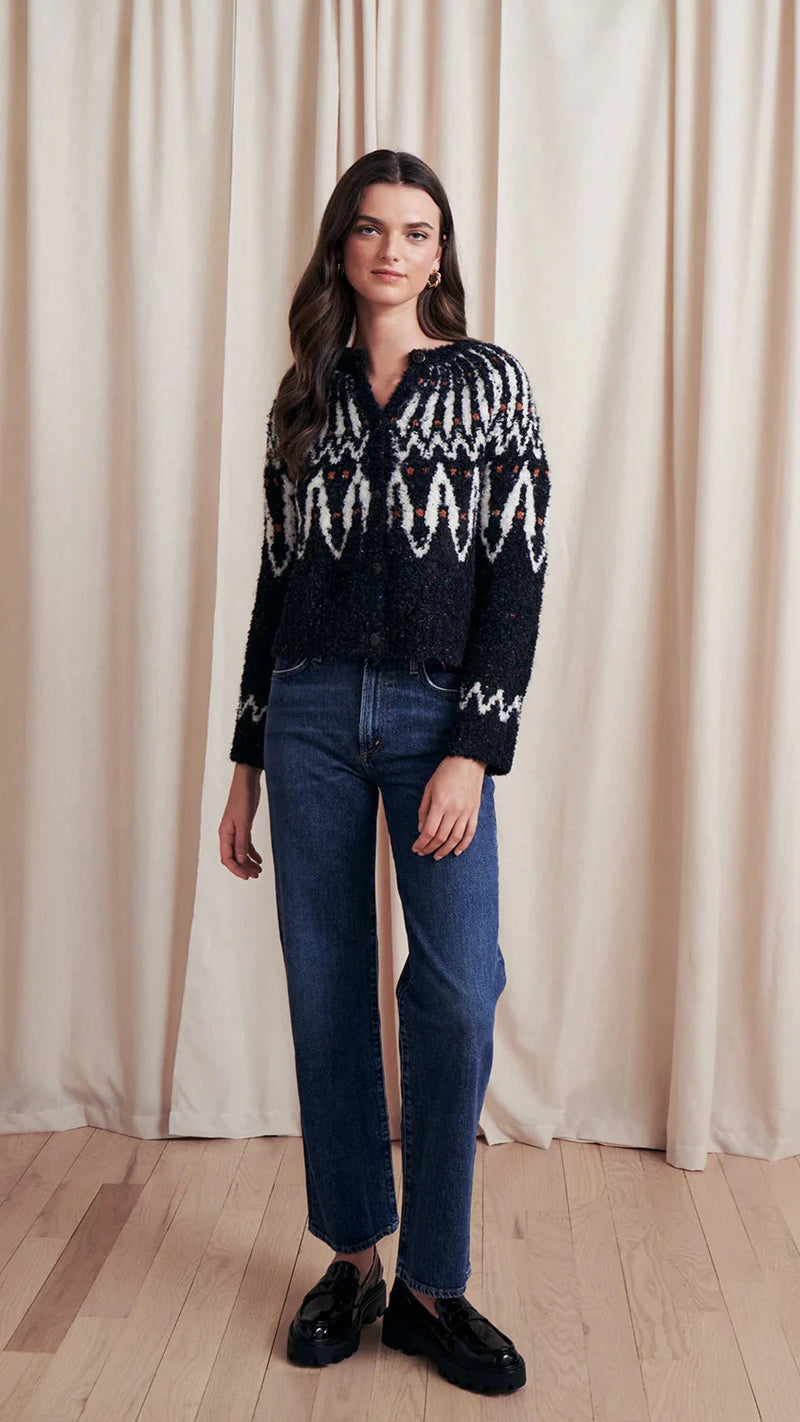 Saylor Areti Long Yoke Boucle Fairisle Cardigan in Black Multi