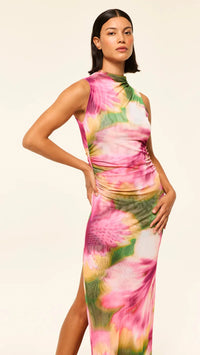 Misa Athena Mesh Mock Midi Dress in Hibiscus