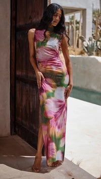 Misa Athena Mesh Mock Midi Dress in Hibiscus