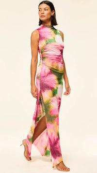 Misa Athena Mesh Mock Midi Dress in Hibiscus