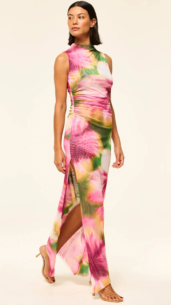 Misa Athena Mesh Mock Midi Dress in Hibiscus