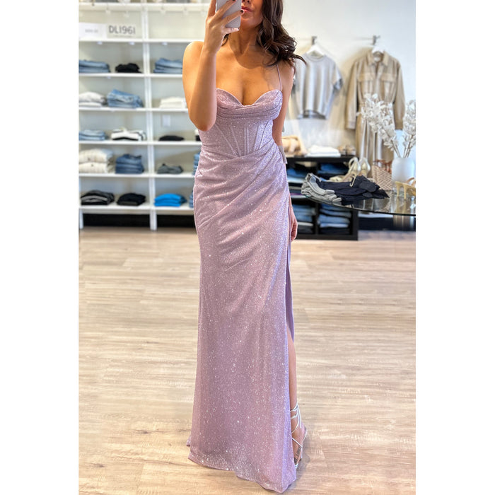 CD Glitter Corset Cowl Tie Back Gown in Lavender