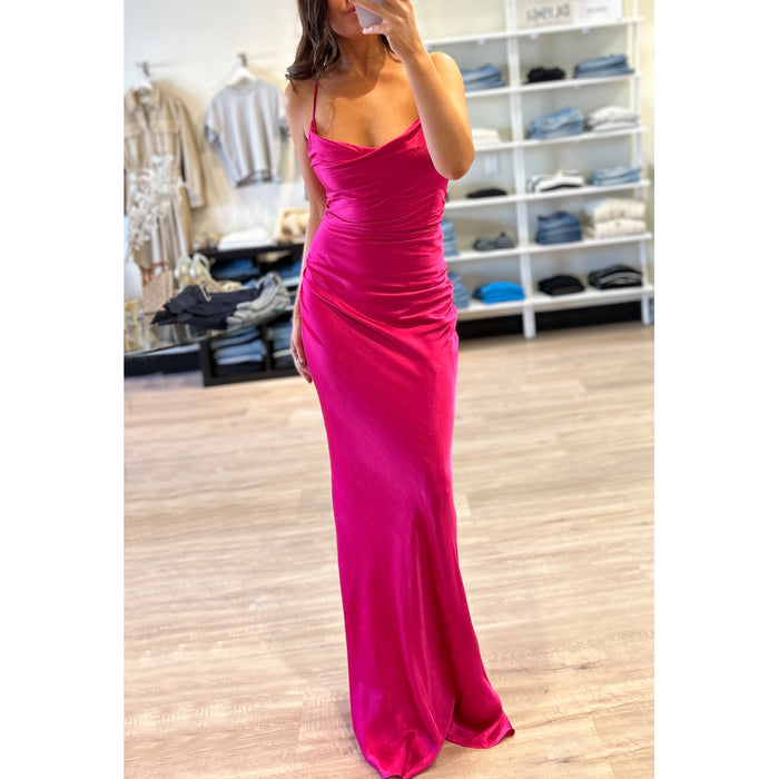 CD Cowl Satin Slip Lace Back Gown in Fuchsia