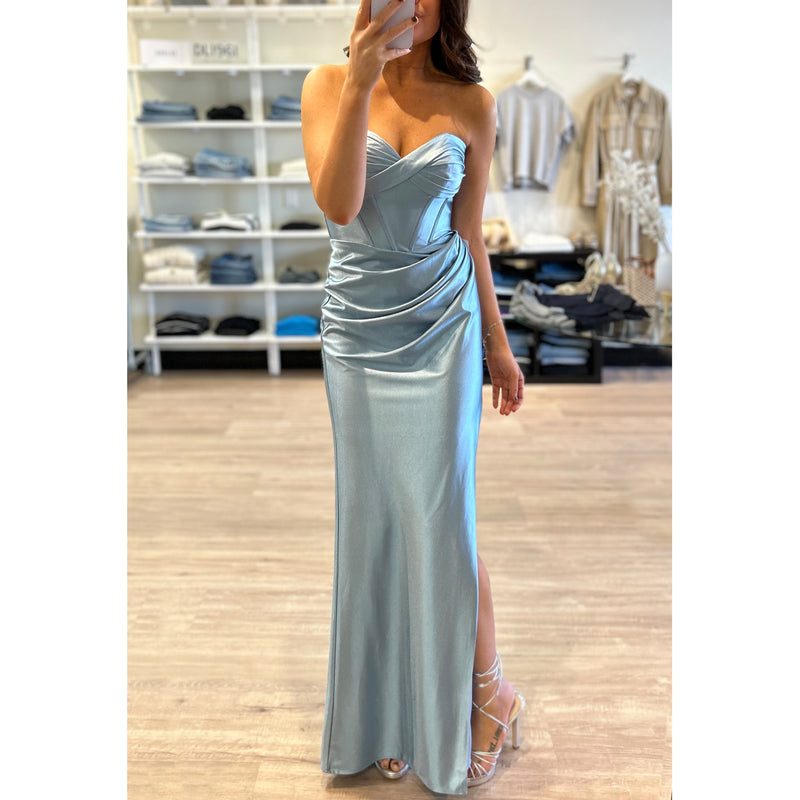 CD Strapless Luxe Satin Gown in Paris Blue