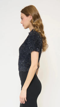 Central Park West Colette Eyelash Lurex Cap Sleeve Sweater in Black