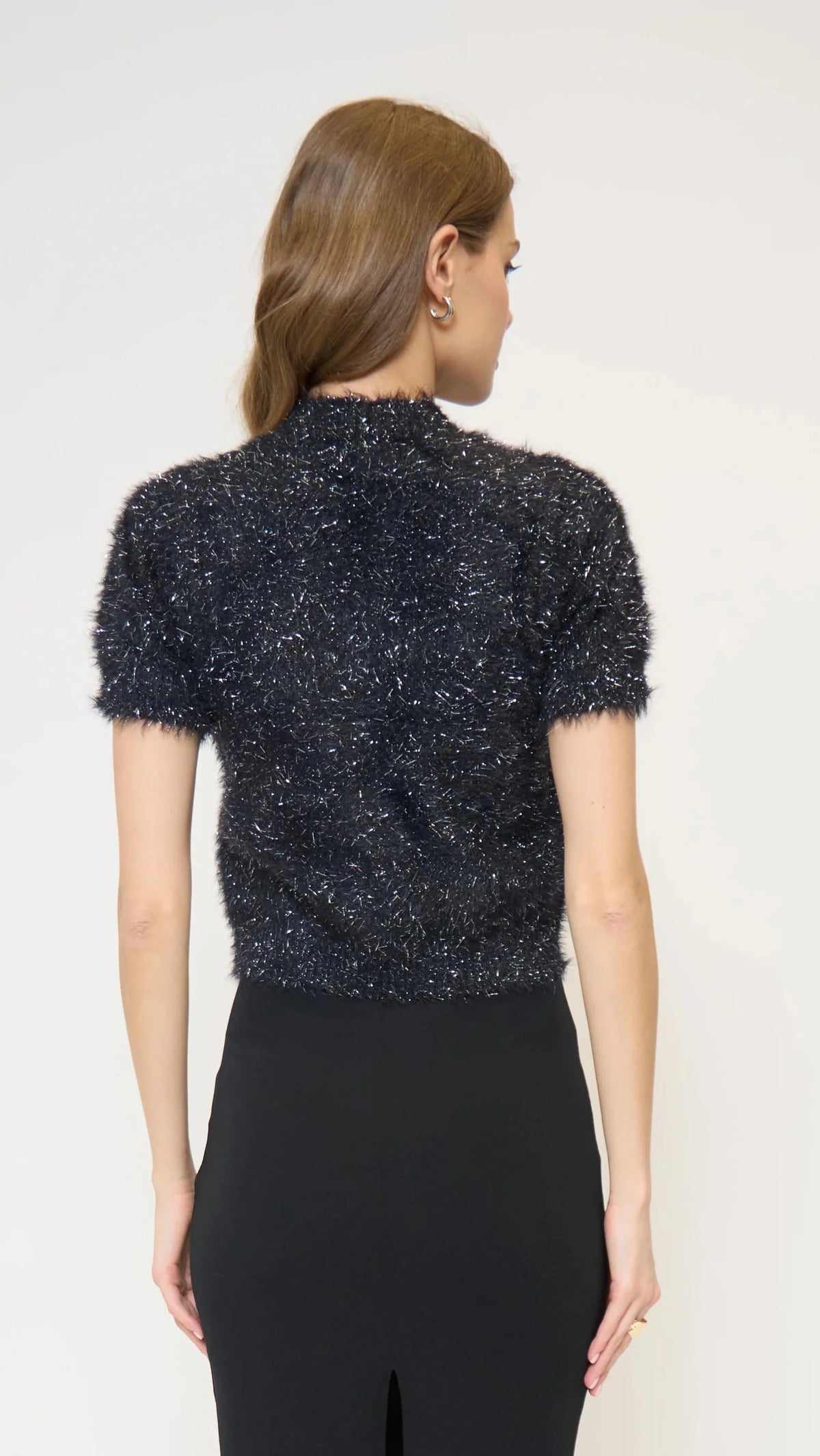 Central Park West Colette Eyelash Lurex Cap Sleeve Sweater in Black