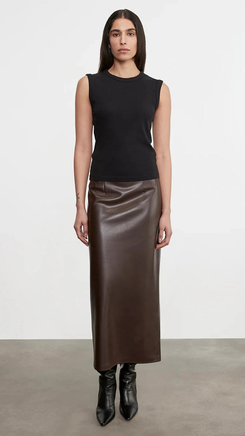 Enza Costa Faux Leather Hi-Waist Curve Midi Skirt in Dark Brown