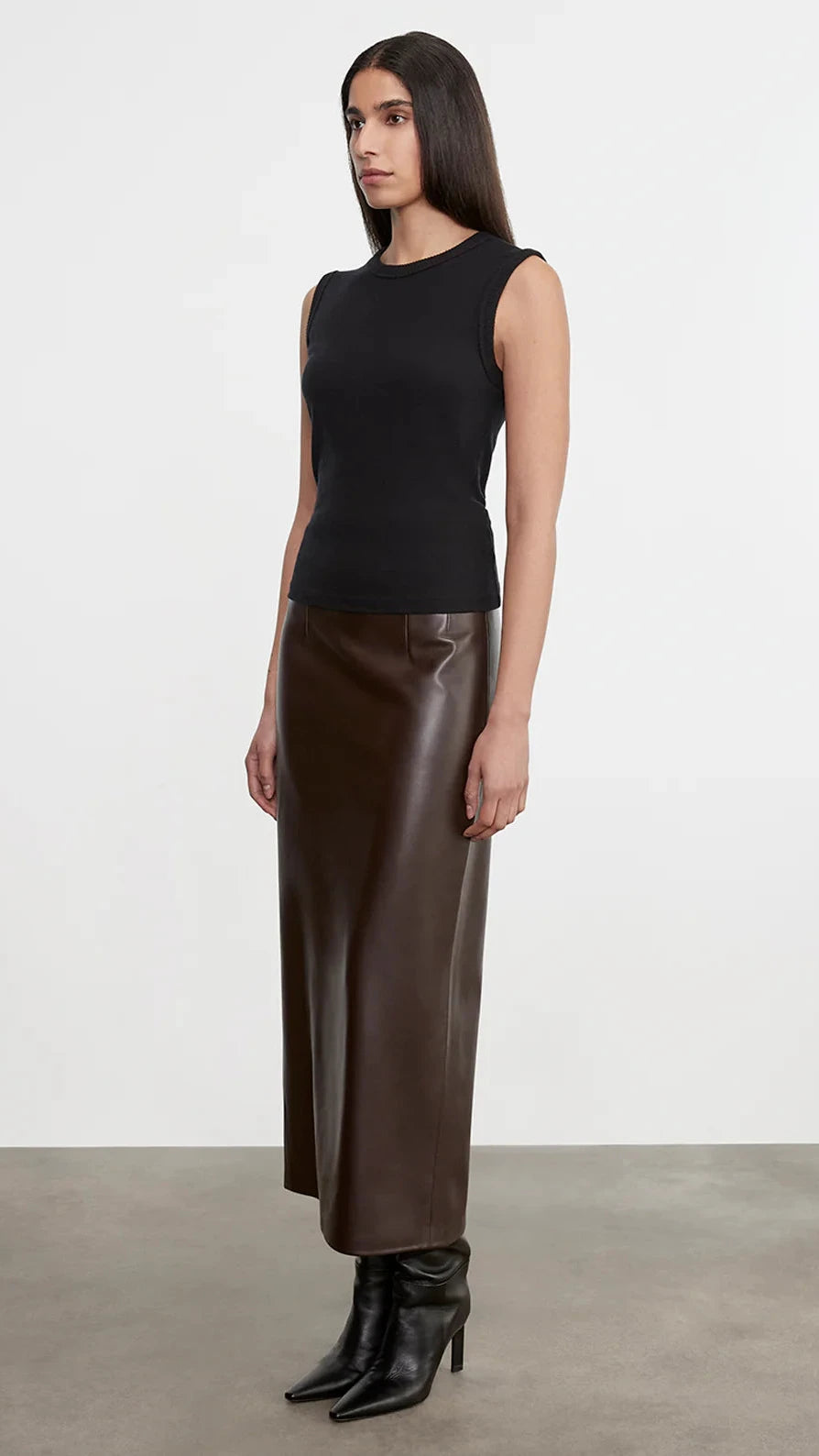 Enza Costa Faux Leather Hi-Waist Curve Midi Skirt in Dark Brown