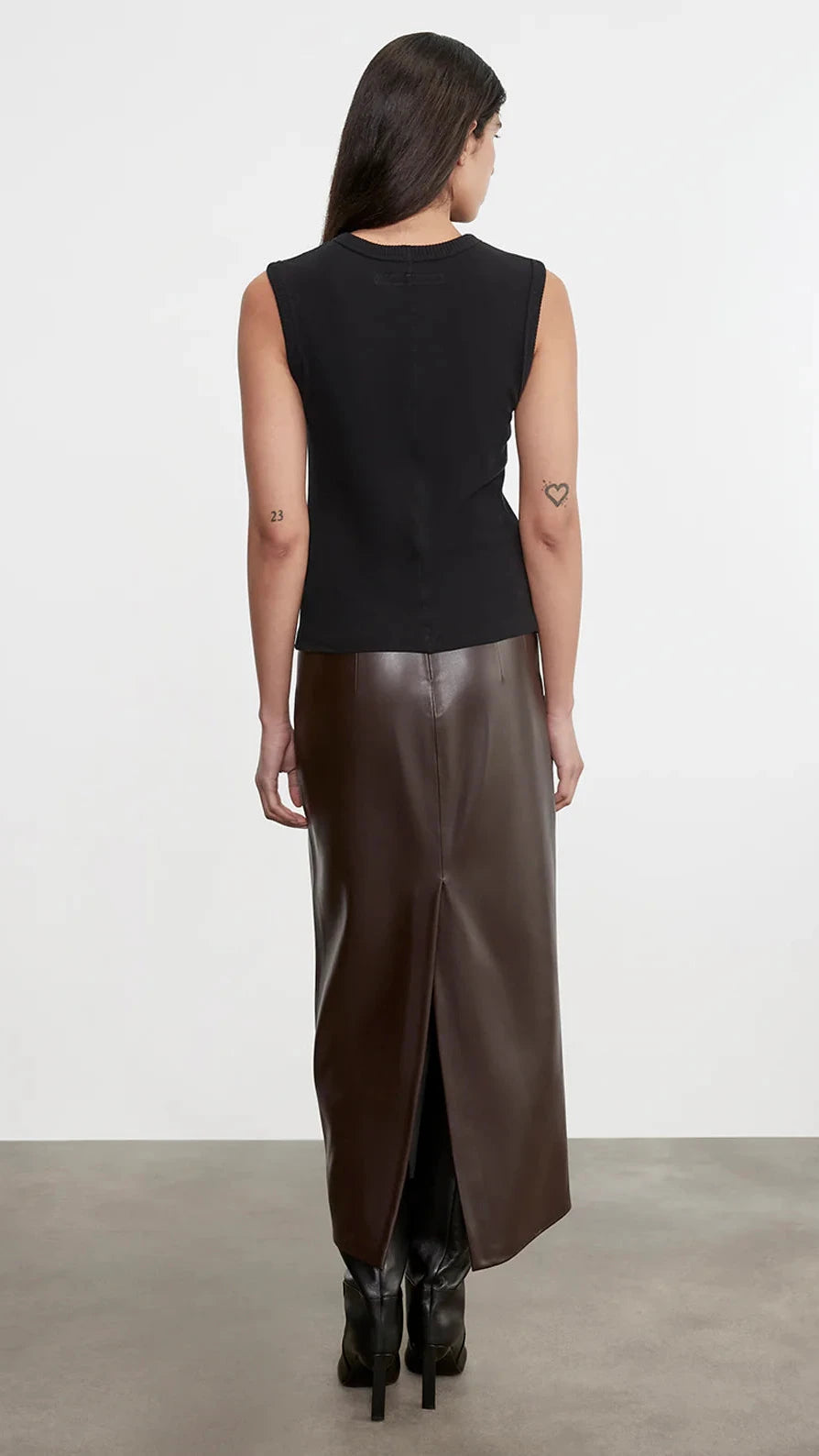 Enza Costa Faux Leather Hi-Waist Curve Midi Skirt in Dark Brown