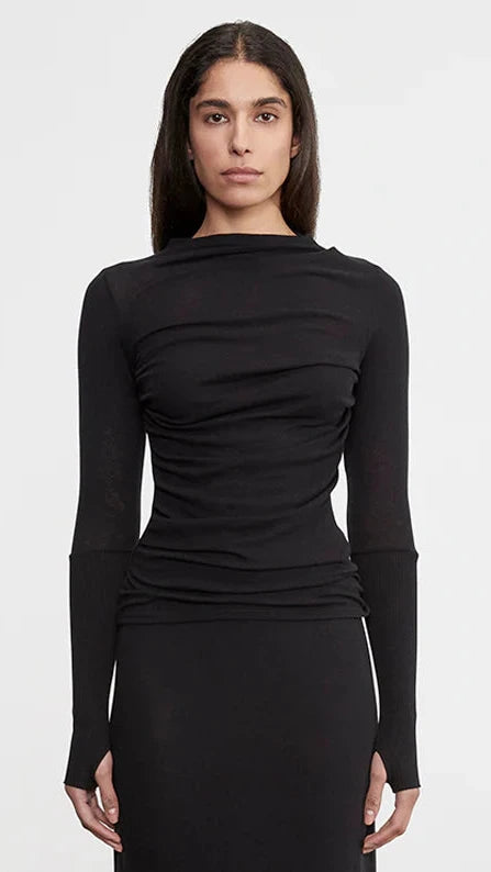 Enza Costa Cashmere Twist Top with Thumbholes in Black