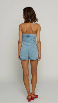 Central Park West Denim Suiting Halter Romper in Light Wash