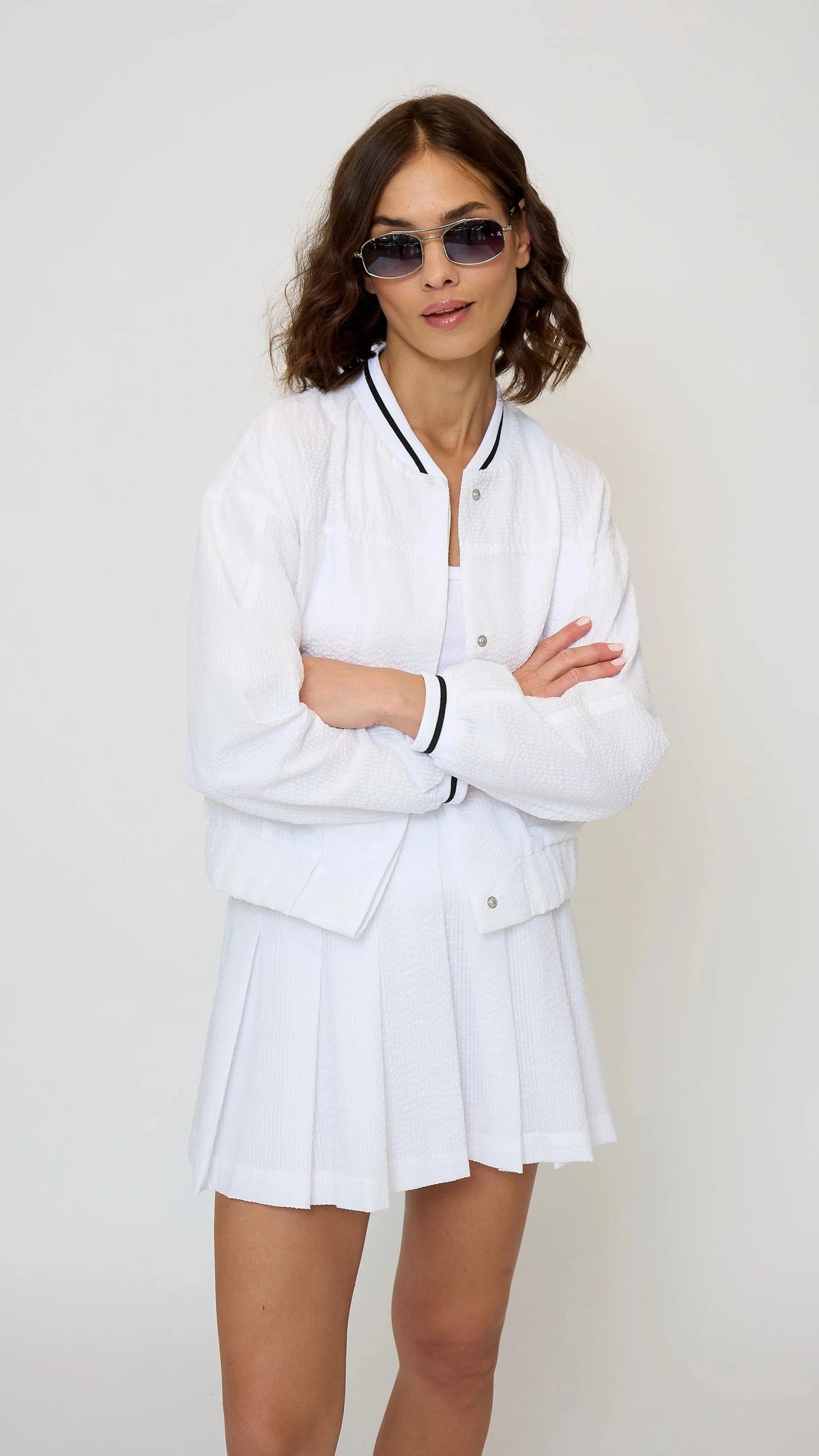 Central Park West Alina Varsity Stripe Bomber in White