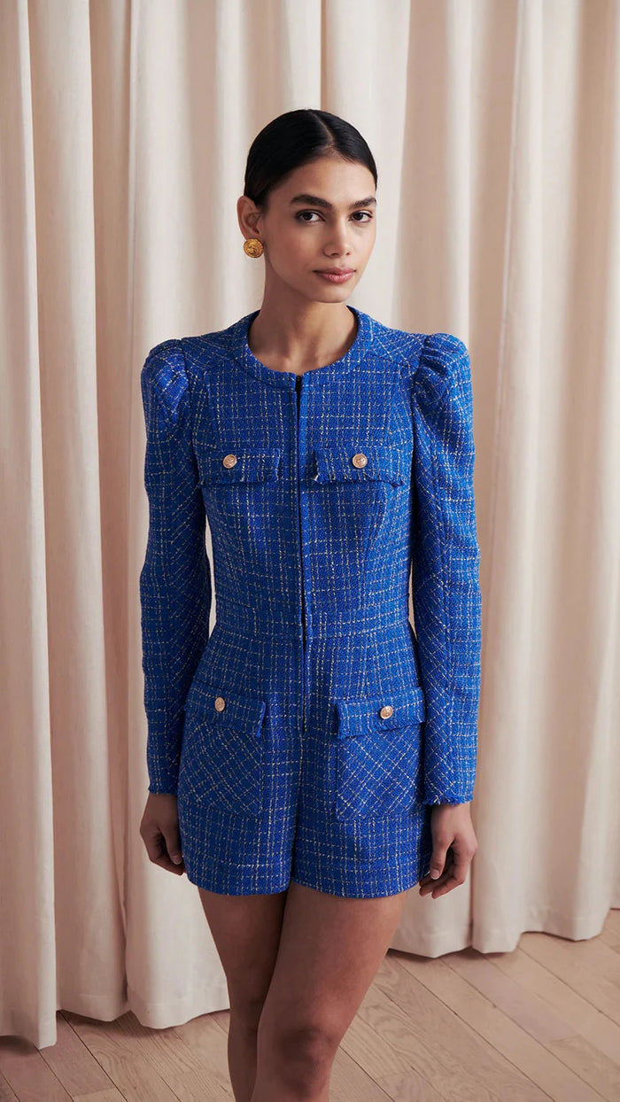 Saylor Carra Tweed Romper in Royal