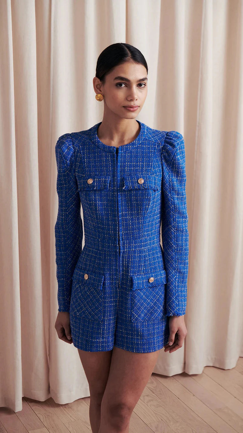 Saylor Carra Tweed Romper in Royal