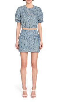 Amanda Uprichard Bello Short Sleeve Textured Denim Jacket in Vintage Wash