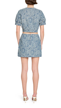 Amanda Uprichard Bello Short Sleeve Textured Denim Jacket in Vintage Wash