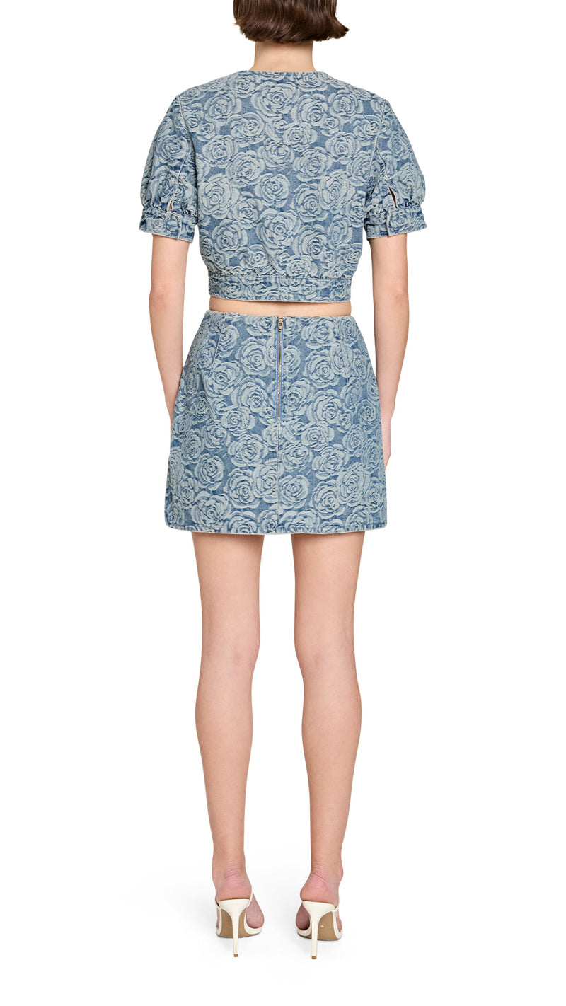 Amanda Uprichard Bello Short Sleeve Textured Denim Jacket in Vintage Wash