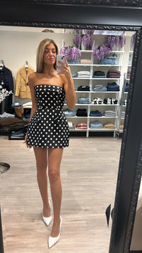 Amanda Uprichard Lucienne Strapples Skort Romper in Black/Ivory Polka Dot