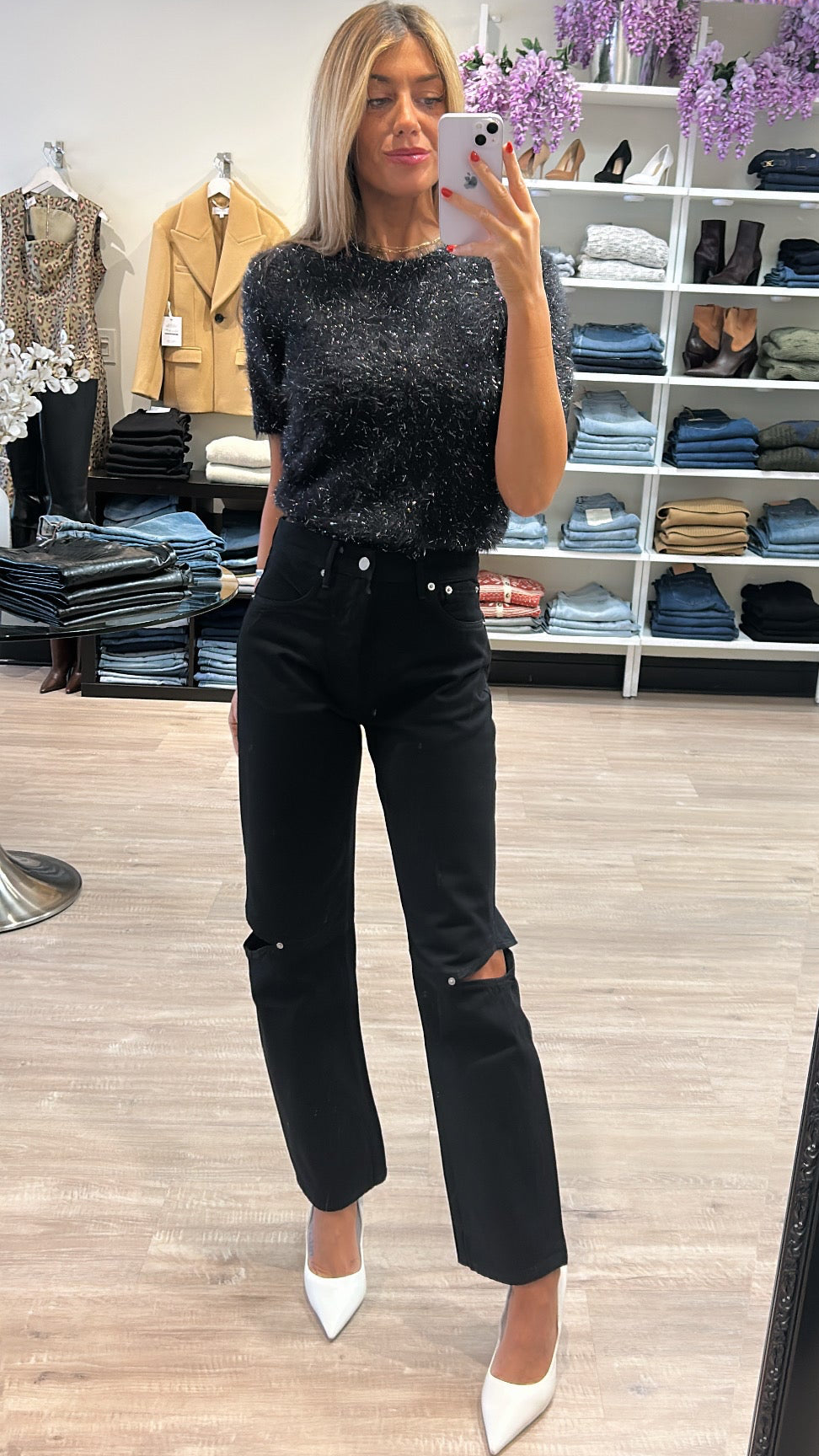 Central Park West Colette Eyelash Lurex Cap Sleeve Sweater in Black