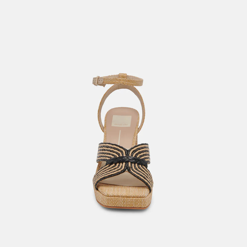 Dolce Vita Aries Chunky Block Heeled Sandal in Black/Natural Raffia