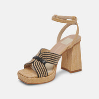 Dolce Vita Aries Chunky Block Heeled Sandal in Black/Natural Raffia