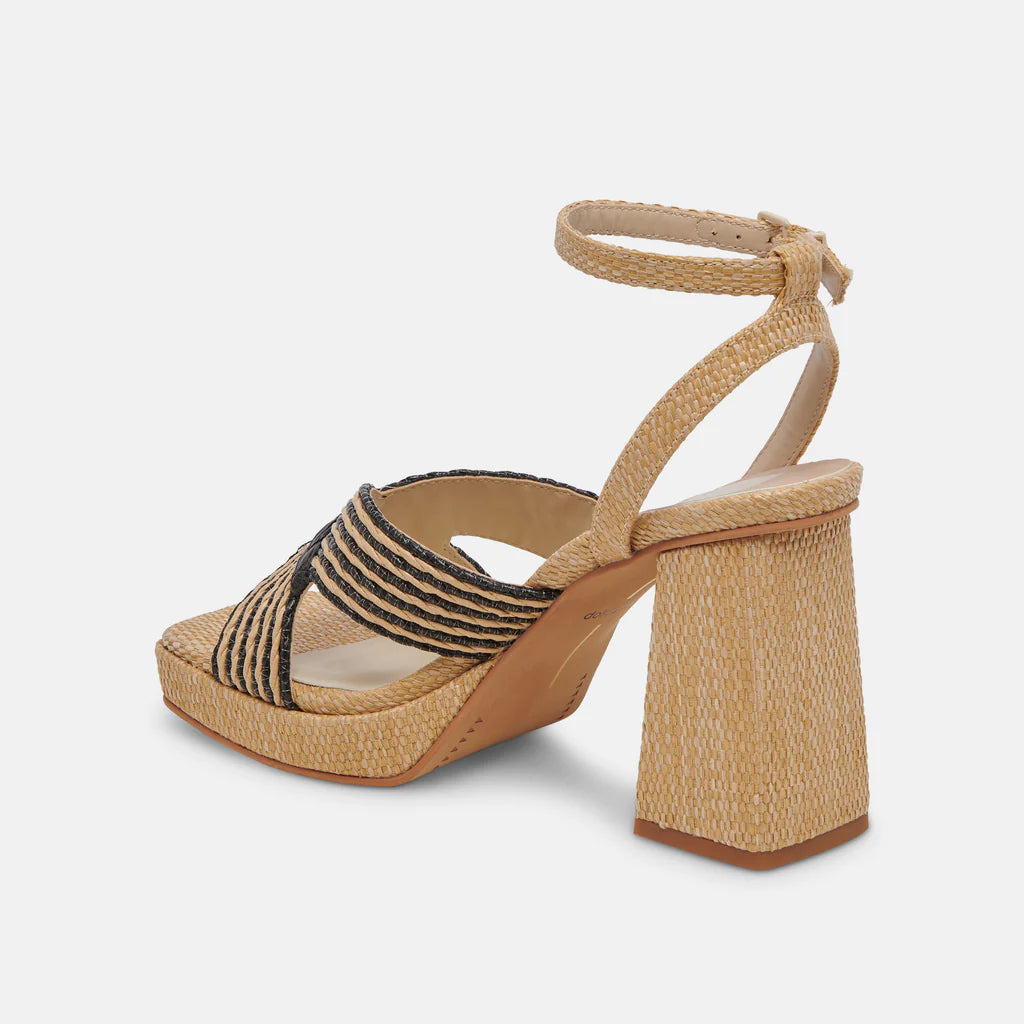 Dolce Vita Aries Chunky Block Heeled Sandal in Black/Natural Raffia