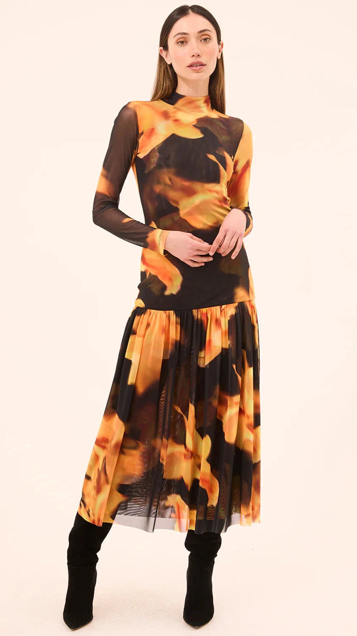 Misa Leylani Drop Waist Mesh Dress in Yellow Flora