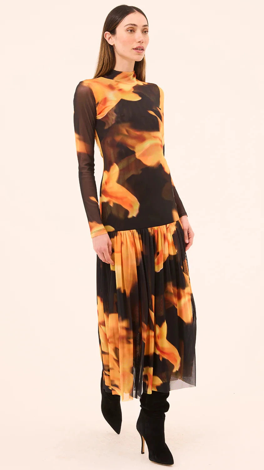 Misa Leylani Drop Waist Mesh Dress in Yellow Flora