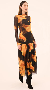 Misa Leylani Drop Waist Mesh Dress in Yellow Flora