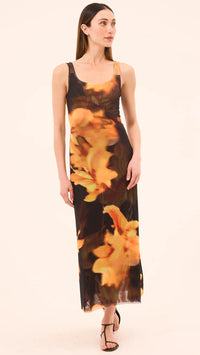 Misa Khloe Mesh Midi Dress in Yellow Flora Print