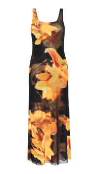 Misa Khloe Mesh Midi Dress in Yellow Flora Print