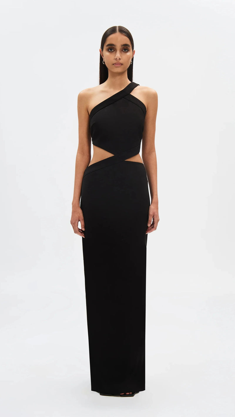 Misha The Drew One Shoulder Twill Gown in Black