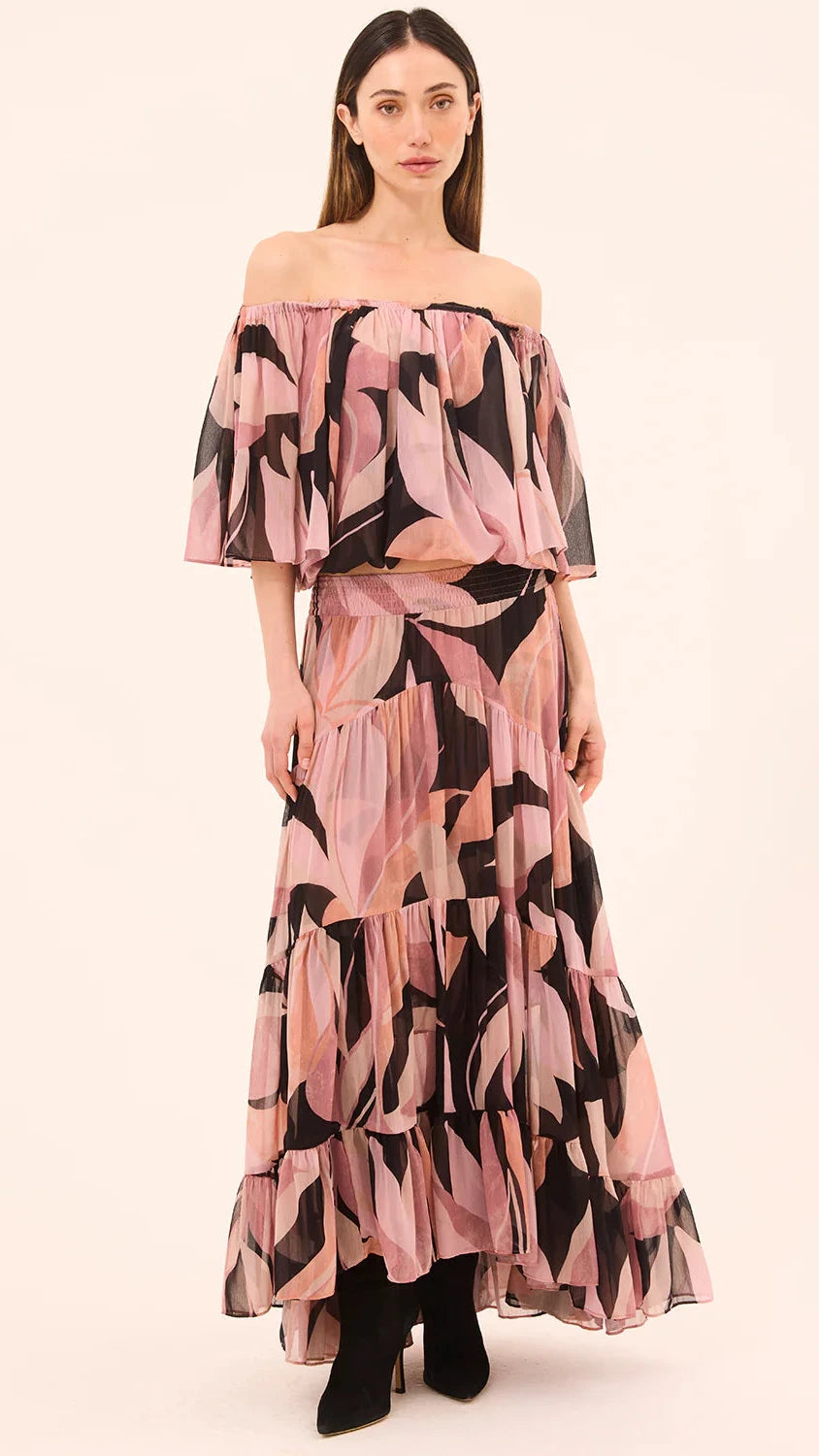 Misa Marie Maxi Skirt in Moody Abstract Chiffon Flora