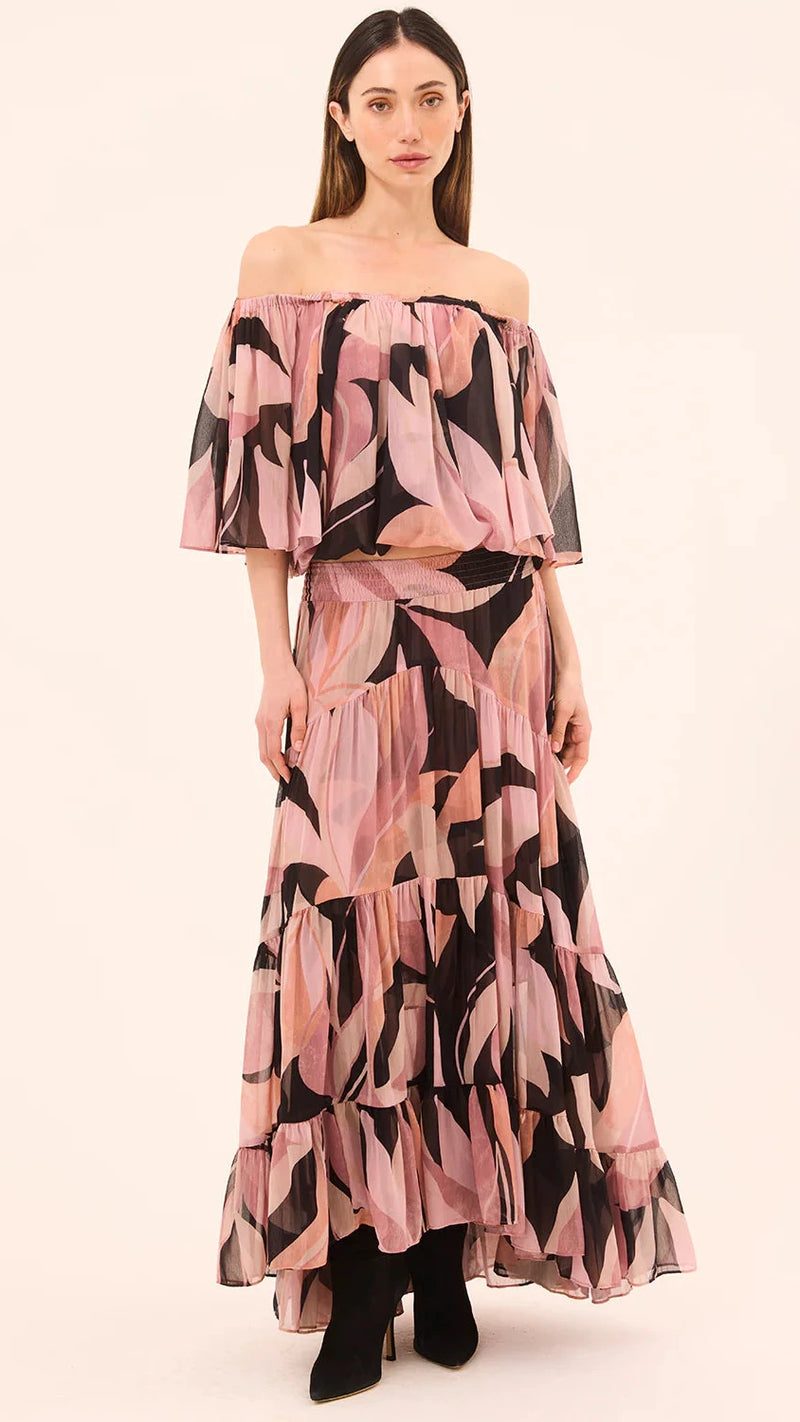 Misa Marie Maxi Skirt in Moody Abstract Chiffon Flora