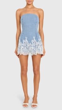 Amanda Uprichard Romilly Strapless Denim Skort Romper in Sky Wash