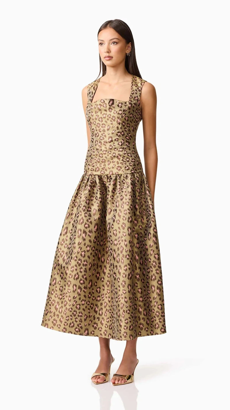 Elliatt Elara Drop Waist Midi Dress in Khaki