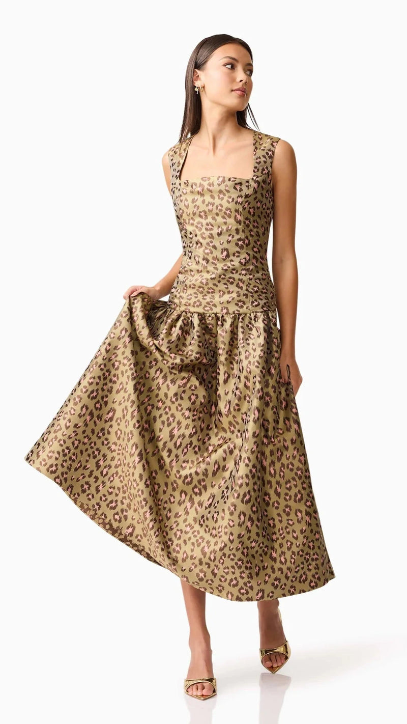 Elliatt Elara Drop Waist Midi Dress in Khaki