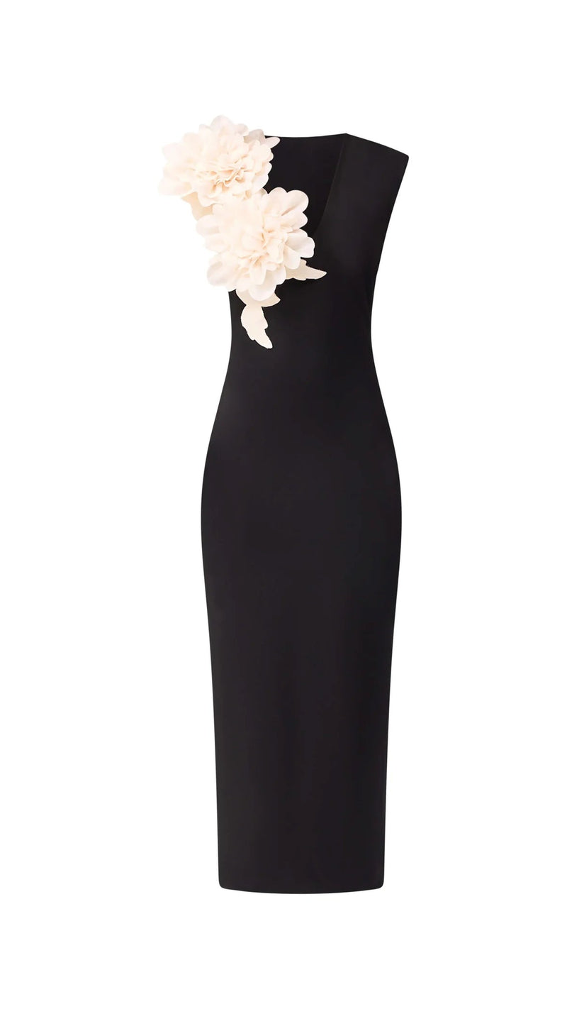 Elliatt Zahara Flower Shoulder Midi Dress in Black
