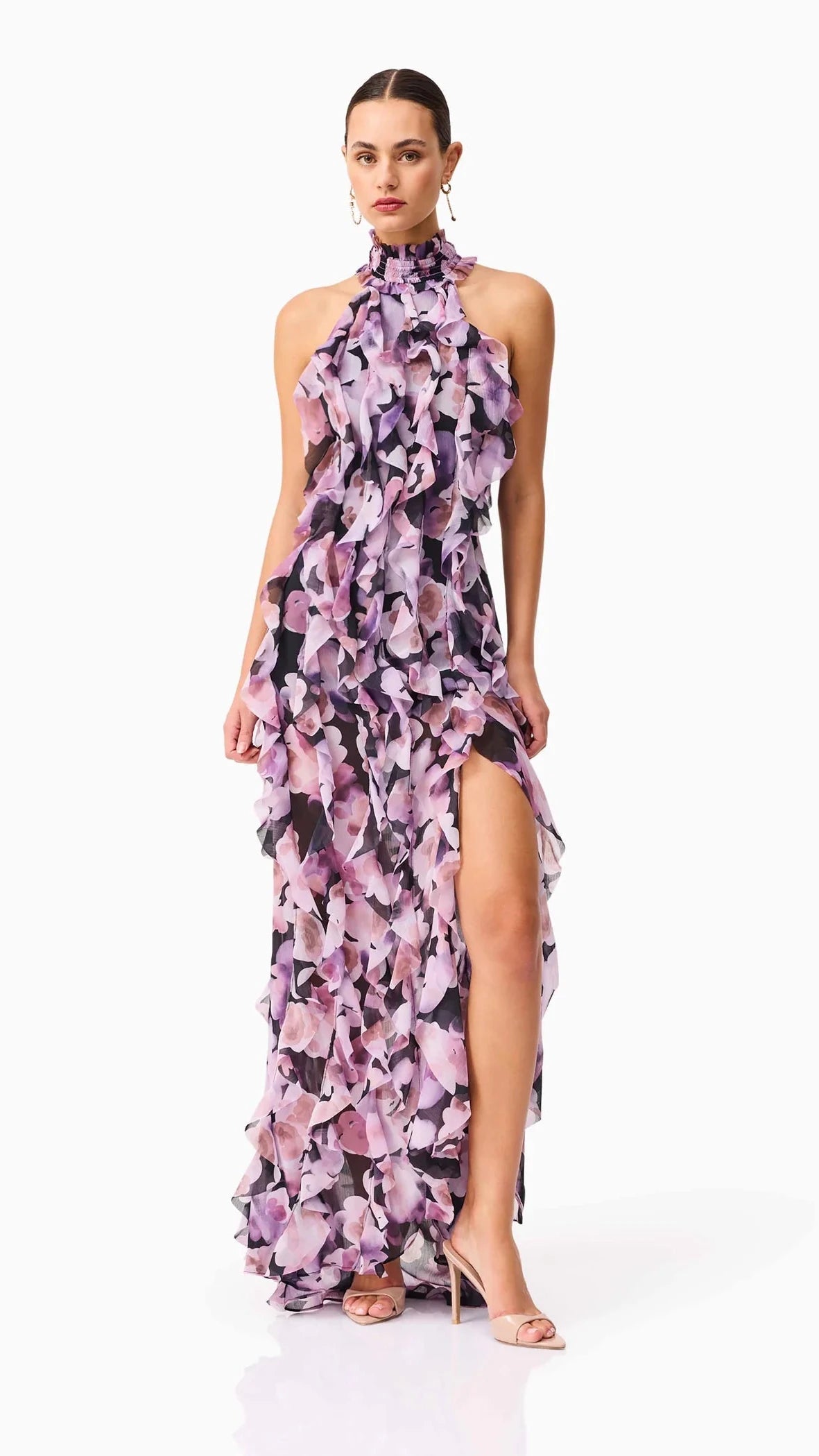 Elliatt Solene Halter Gown in Purple Floral
