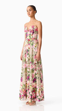 Elliatt Flora 3D Strapless Gown in Pink & Green Floral